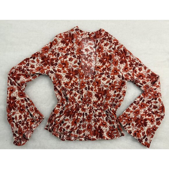 Floral Bell Sleeve Blouse S Andrée By Unit Open Back Rust Orange Cottage Fairy - Picture 2 of 11